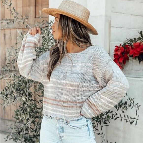 Grey stripe sweater beach fall cute vacation - Picture 1 of 6